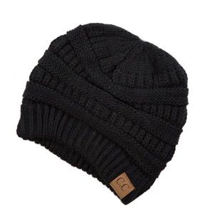 Solid Ribbed Knitted Beanie Hat Black